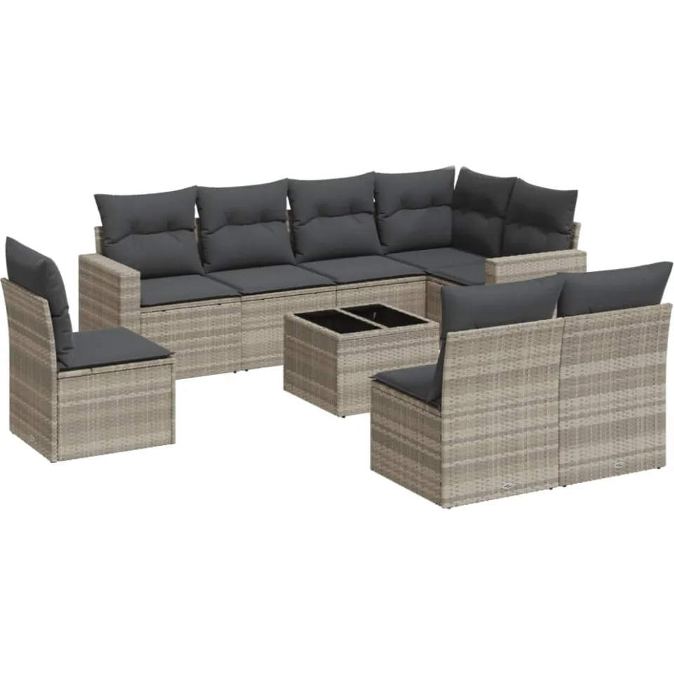vidaXL 9-delige Loungeset met kussens poly rattan lichtgrijs grijs