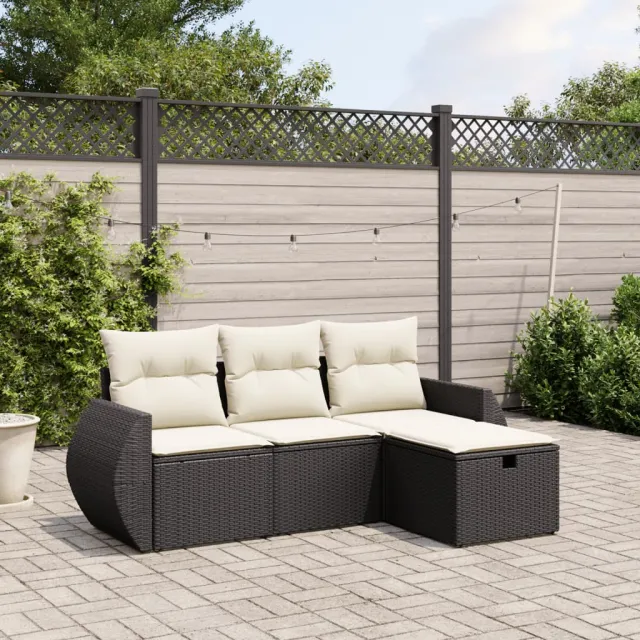 vidaXL 4-delige Loungeset met kussens poly rattan zwart, foto 2