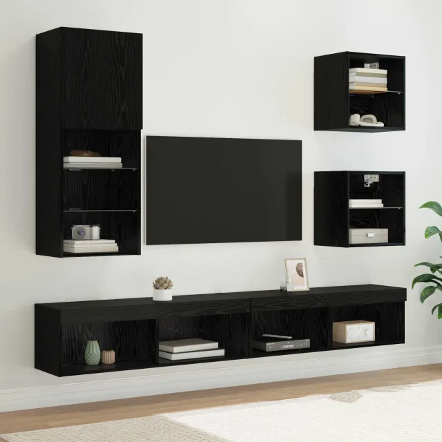 vidaXL TV Wand Eenheden met LED 5 st Zwart Eiken 100 x 30 x 30 cm