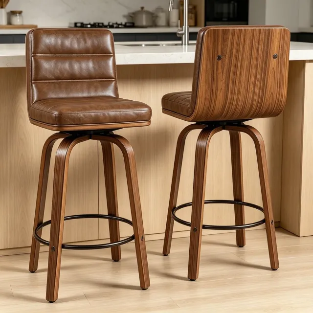 DESMIU Barkruk 66 Cm - 360° Draaibaar Met Rugleuning En Voetsteun - Voor Keuken, Bar En Balie - Kunstleer - Reddish Brown
