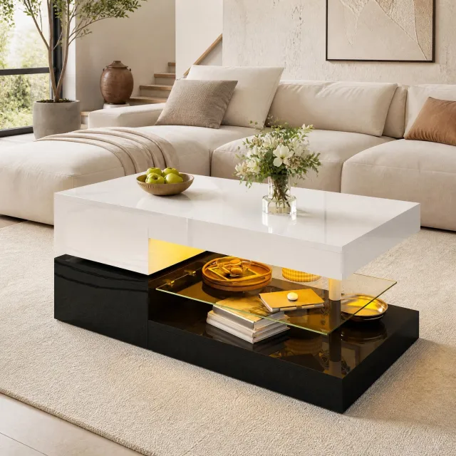 CHICFURN Salontafel - LED-verlichting - glazen legplank - zwart-wit
