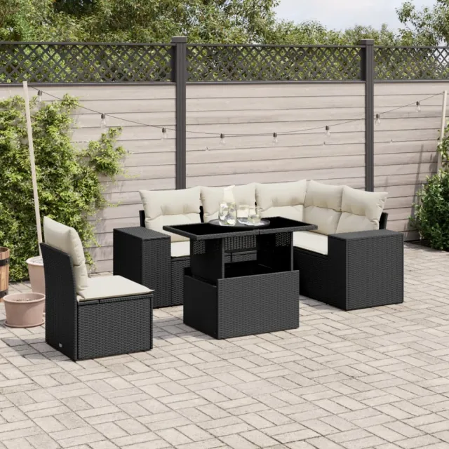 vidaXL 6-delige Loungeset met kussens poly rattan zwart, foto 2
