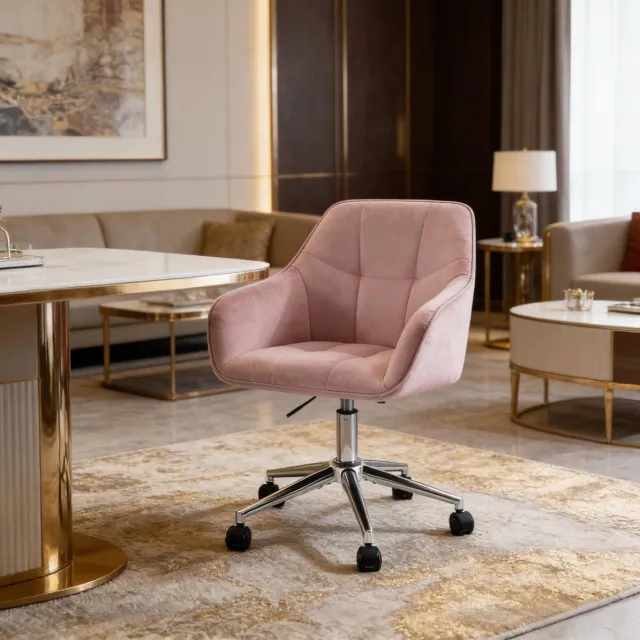 MEUNIQ Bureaustoel roze met fluwelen bekleding, vaste armleuningen, verstelbare zithoogte 48-57 cm, 360° draaibaar en met wielen voor thuiskantoor