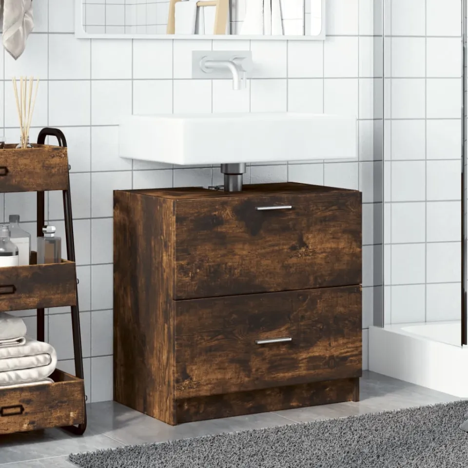 vidaXL Wastafelkast 59x37x59 cm bewerkt hout gerookt eikenkleurig, foto 3