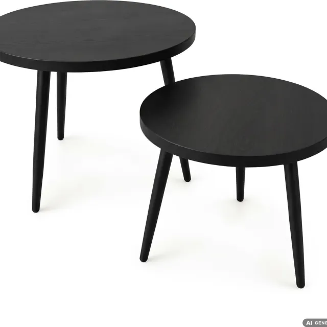 Akord Set van 2 Salontafels TWINO / Zwart / 52 cm / Rond / Zwarte Poten / 52 x 52 x 45 cm + 38 x 38 x 38 cm