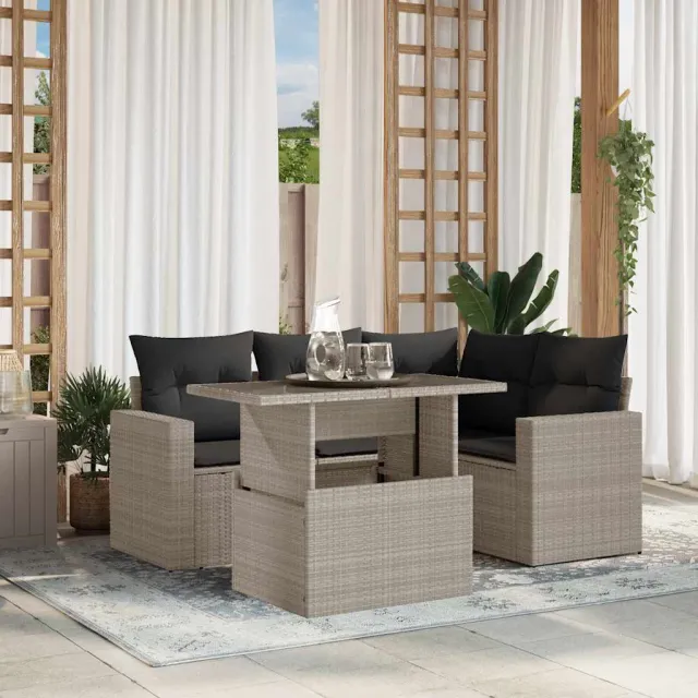 vidaXL 5-delige Loungeset met kussens poly rattan lichtgrijs grijs
