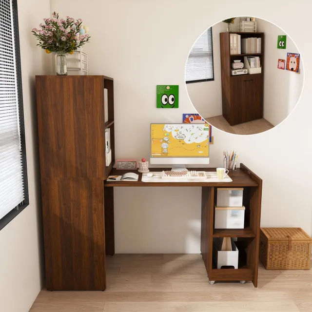 OKWISH Opklapbaar Bureau Met Opbergkast Verstelbare Legplanken Uittrekbaar Tafelblad Walnoot MDF 126 X 55 X 136 Cm Voor Thuiswerkplek