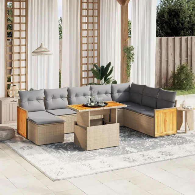 vidaXL 9-delige Loungeset met kussens poly rattan beige, foto 2