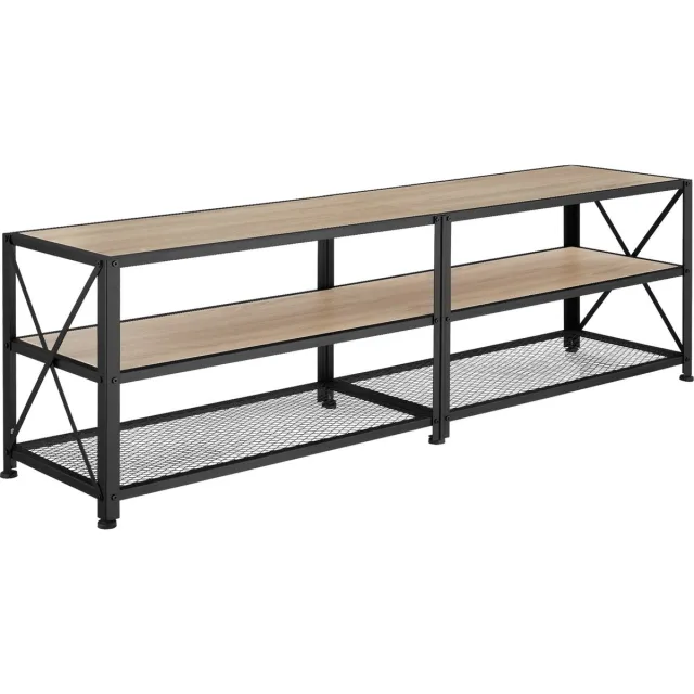 Tectake TV-meubel met open planken - 3 niveaus - Lowboard voor TV's tot 70 inch - Houten TV-dressoir - Industrieel design - Zwart metalen frame - Afmeting (LxBxH) 161 x 41,5 x 50,5 cm - Lichtbruin