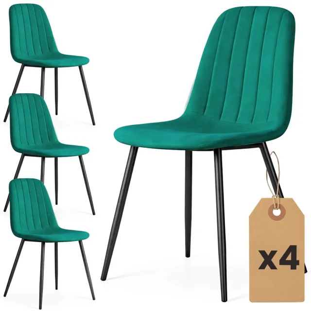 Whoopr® Set van 4 Velours Eetkamerstoelen – Groen Gestoffeerde Stoelen met Gewatteerde Zitting – Moderne Eetkamerstoelen met Zwarte Poten