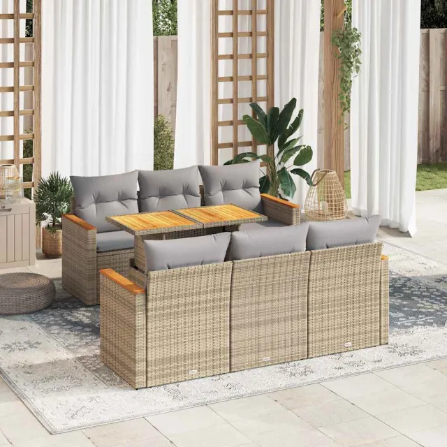 vidaXL 7-delige Loungeset met kussens poly rattan acacia beige, foto 2