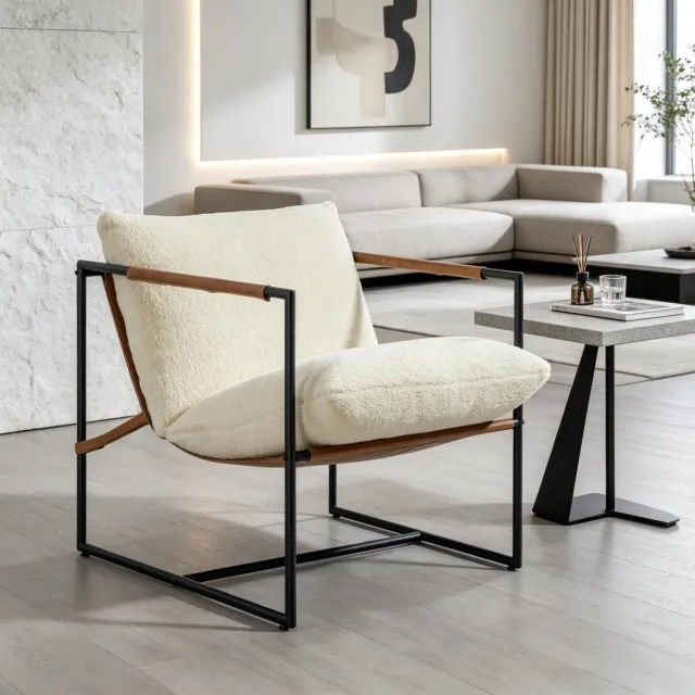 MODFU Fauteuil - Bouclette Stof - Stalen Frame - Crème - 77 X 91 X 80 Cm