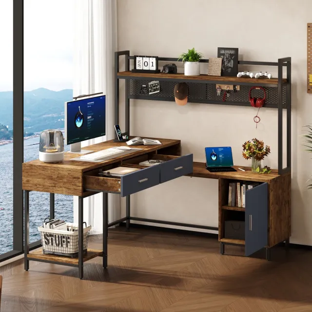 HAUSS SPOLE Bureau - L Vormig Hoekbureau Met Laden En Kast - Industrieel Voor Thuiswerk En Studie - MDF En Metaal - 140x140x135 Cm - Zwart Naturel