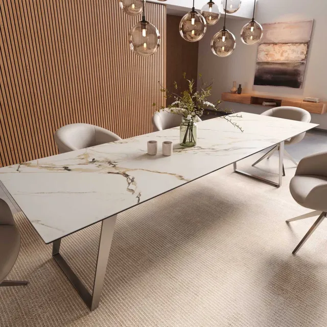 DELIFE Eetkamertafel Edge keramiek Calacatta Luxe wit-goud-grijs 300x100 RVS schuin Weiß-Gold-Grau