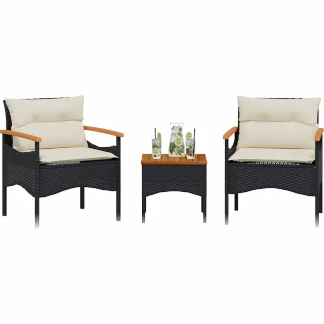 vidaXL 3-delige Loungeset met kussens poly rattan zwart