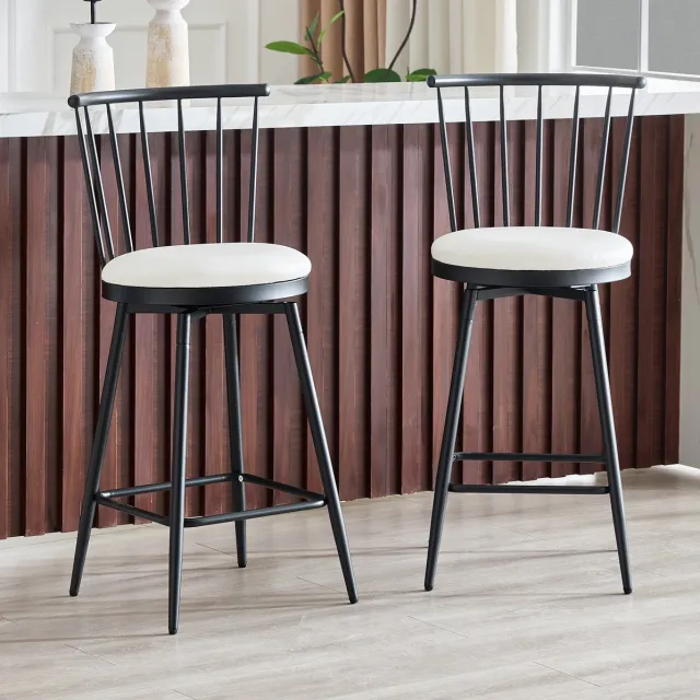 OKWISH Barkruk - Windsor-Stijl Met Gewatteerde Zitting - Set Van 2 - Kunstleer En Metaal - Wit - Voor Keukeneiland, Bar Of Horeca