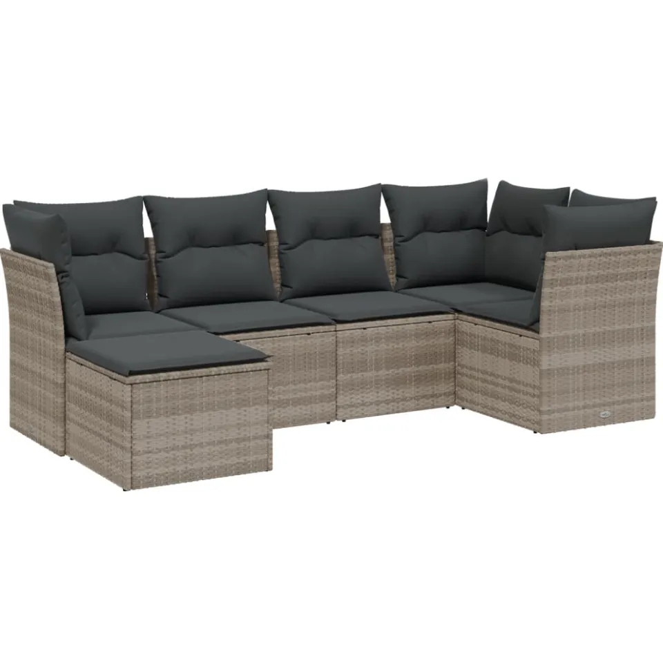 vidaXL 6-delige Loungeset met kussens poly rattan lichtgrijs grijs, foto 3
