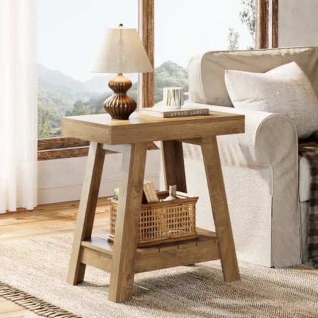 Little Trees LITTLE TREE Smalle Houten Bijzettafel - 2 Planken - Landelijke Stijl - Nachtkastje en Banktafel - Voor Woonkamer, Slaapkamer, Hal en Kleine Ruimtes - Rustiek Bruin