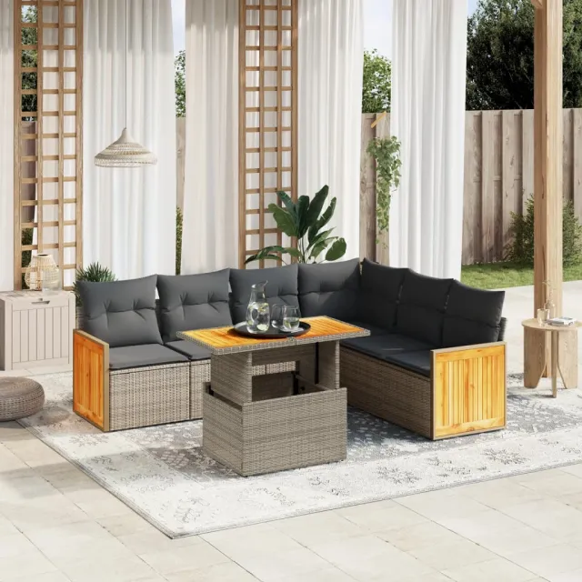 vidaXL 7-delige Loungeset met kussens poly rattan grijs, foto 2