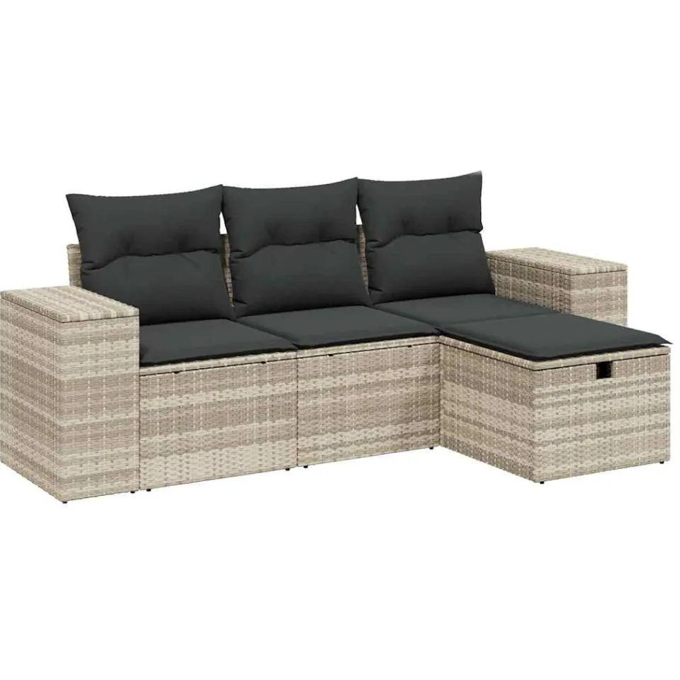 vidaXL 4-delige Loungeset met kussens poly rattan lichtgrijs grijs, foto 3