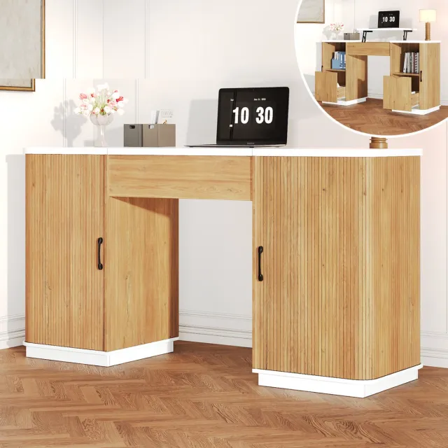 MIVRAY Verstelbaar Bureau - Manueel Hoogteverstelbaar Met 2 Lades En 2 Open Vakken - Voor Thuiswerk En Slaapkamer - Wit Eikenoptiek - 140 X 50 Cm Wit eikenlook