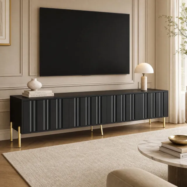 Maisentiel Tv-meubel 190 x 38 x 48 cm - zwart - geribbelde deuren en goudkleurige poten Zwart met goudkleurige poten