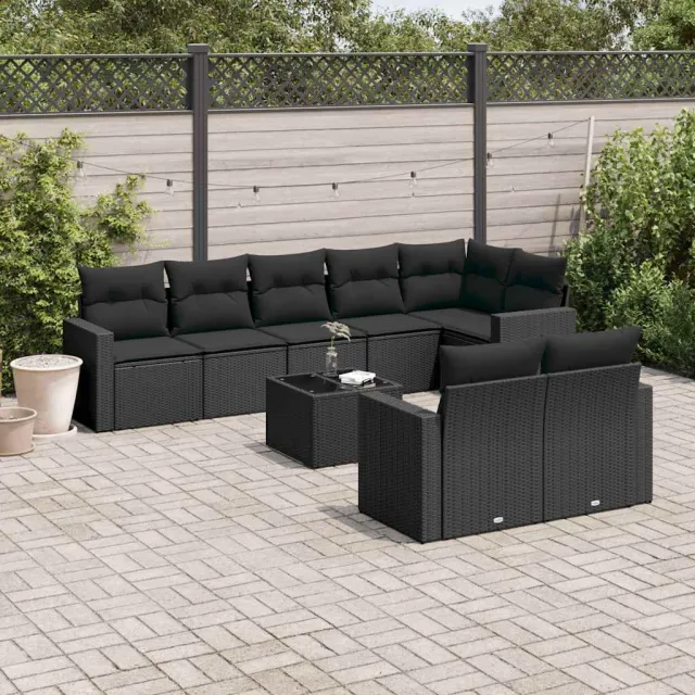 vidaXL 9-delige Loungeset met kussens poly rattan zwart, foto 2