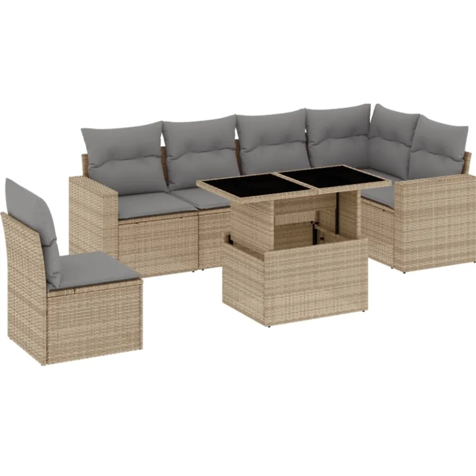 vidaXL 7-delige Loungeset met kussens poly rattan beige, foto 3