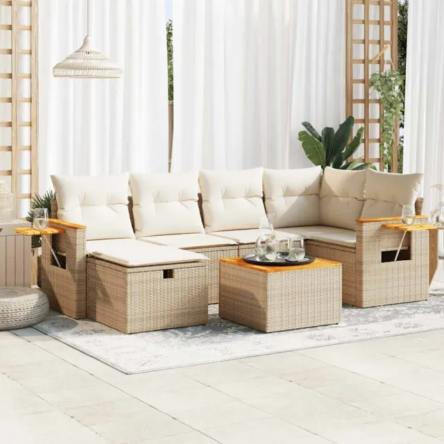 vidaXL 7-delige Loungeset met kussens poly rattan beige, foto 2