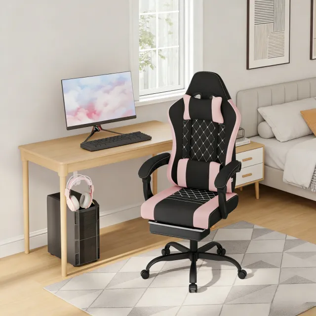 CHICFURN Gamingstoel - Massage-lendenkussen - Kantelbaar - Zwart en roze