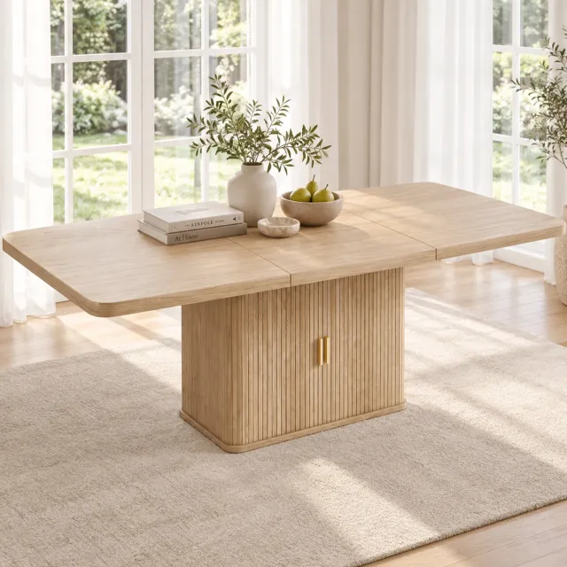 MIVRAY Uitschuifbare Eettafel - Opbergruimte En Stevige Tafelplaat - Voor 6 Tot 8 Personen - MDF Eikenkleur - 150 Tot 200 Bij 90 Bij 75 Cm