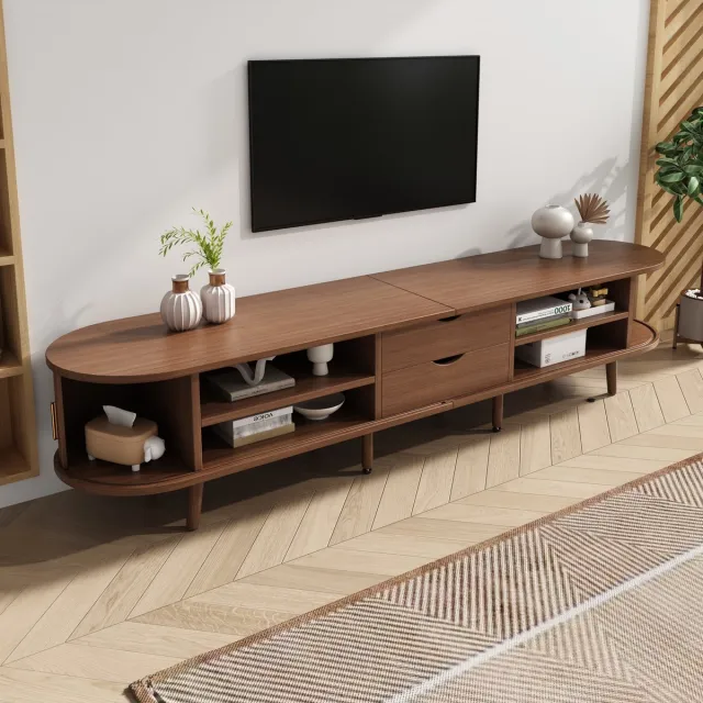 MIVRAY Tv-meubel - Ovaal Met Schuifdeuren En 2 Lades - Voor Woonkamer En Slaapkamer - MDF Walnootkleur - 175x40x42 Cm Bruin