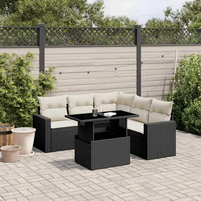 vidaXL 6-delige Loungeset met kussens poly rattan zwart, foto 2