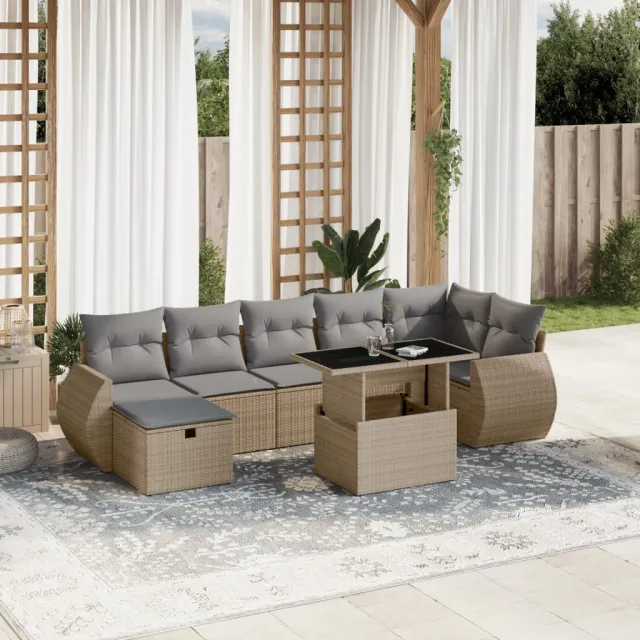 vidaXL 8-delige Loungeset met kussens poly rattan beige, foto 2