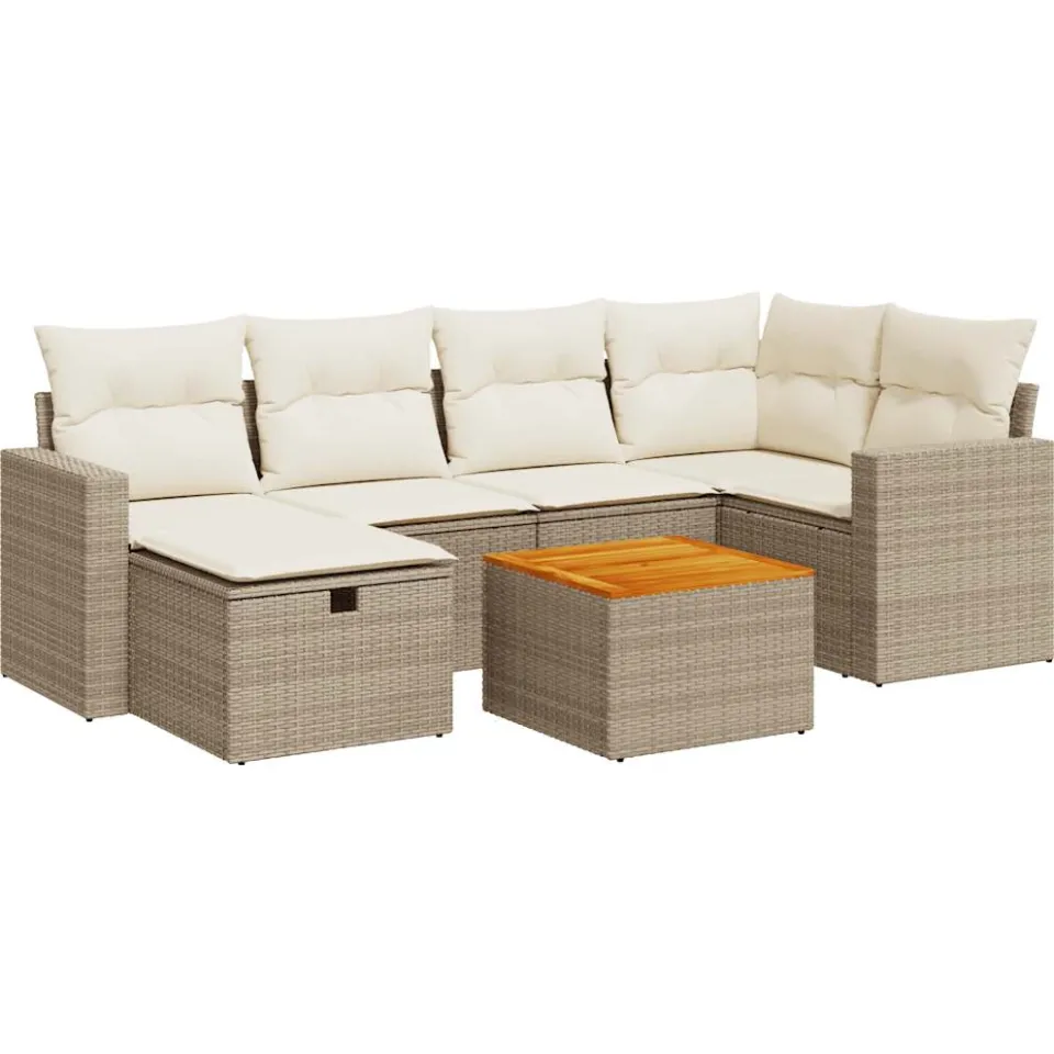 vidaXL 7-delige Loungeset met kussens poly rattan beige, foto 3