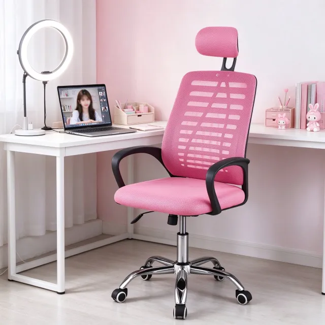 learnlogic In hoogte verstelbare bureaustoel met zwenkwielen en hoofdsteun roze van kleur afmetingen 47x47x116 cm ergonomisch ontworpen voor langdurig zitten en ter voorkoming van rugklachten.