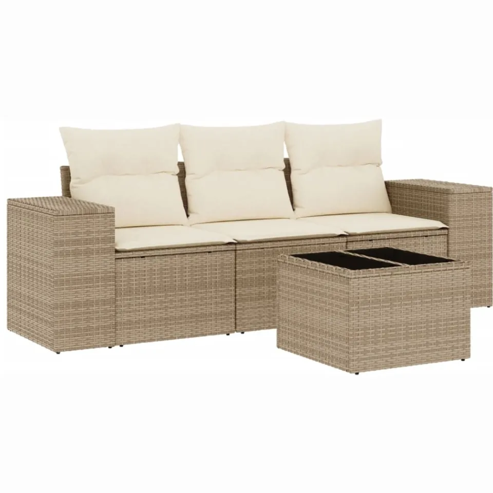 vidaXL 4-delige Loungeset met kussens poly rattan beige