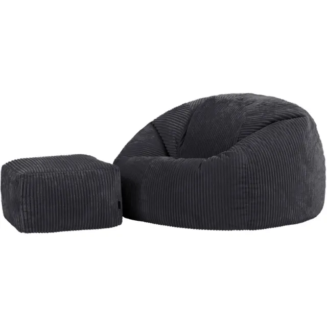 Icon Kingston XL Zitzak Fauteuil met Poef - Ribfluweel - Houtskool