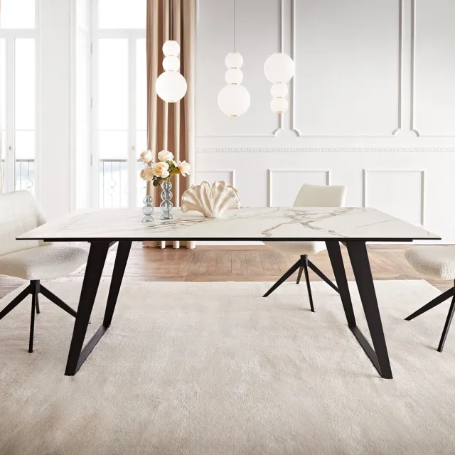 DELIFE Eetkamertafel Edge keramiek Calacatta Luxe wit-goud-grijs 200x100 metaal schuin zwart Weiß-Gold-Grau