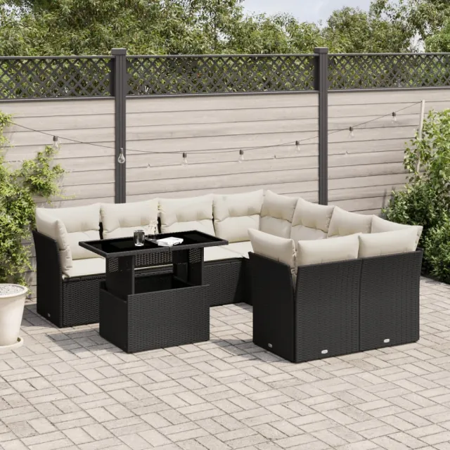 vidaXL 9-delige Loungeset met kussens poly rattan zwart, foto 2