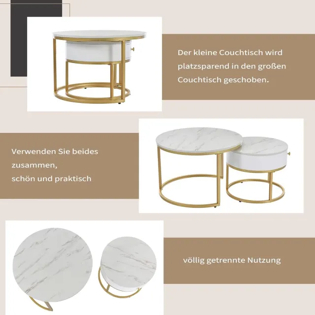 House&Garde Ronde salontafel set van 2 – hoogglans marmerlook wit met goudkleurig metalen frame – bijzettafel met lade – nesting koffietafels voor woonkamer, balkon en hal – moderne design tafels – House&Garden Wit / Marmerlook met goudkleurig frame