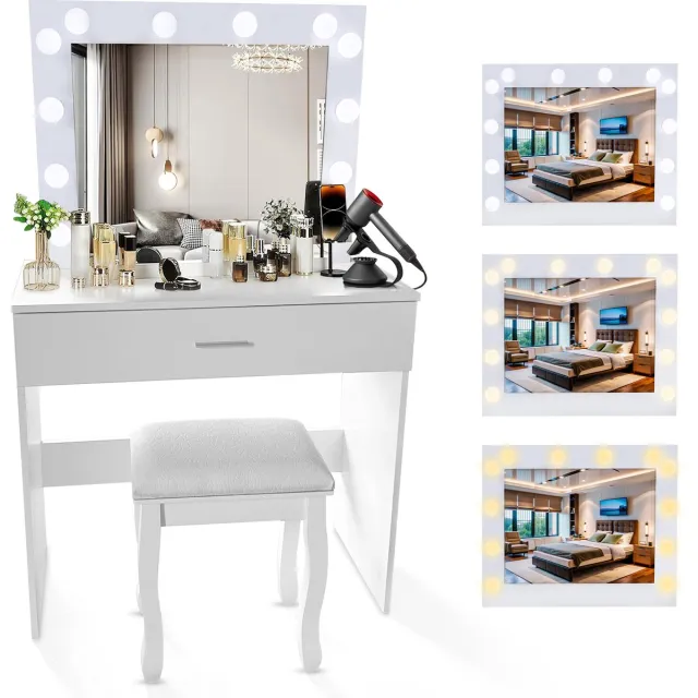 Lexorion Elite - Make Up Tafel - Kaptafel met LED Spiegel - 1 Grote Lade - Touchscreen Verlichting - Stopcontact - Wit - Bureau & Make-up Hoek