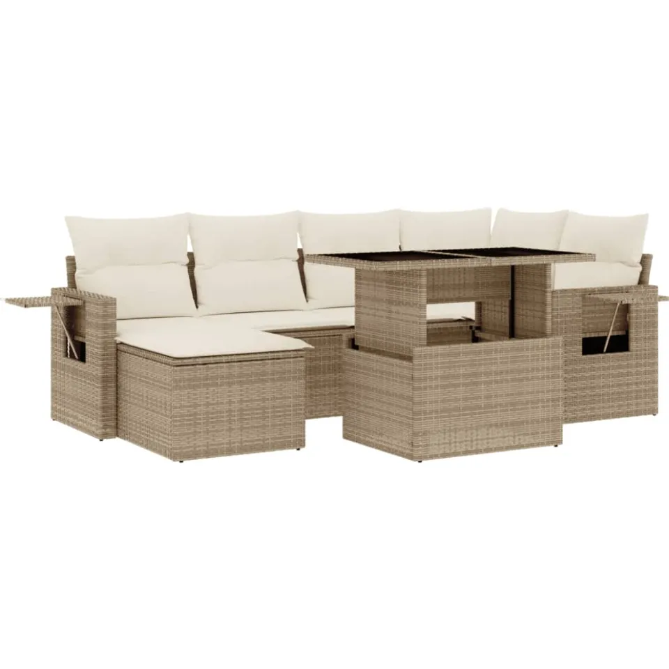 vidaXL 7-delige Loungeset met kussens poly rattan beige, foto 3