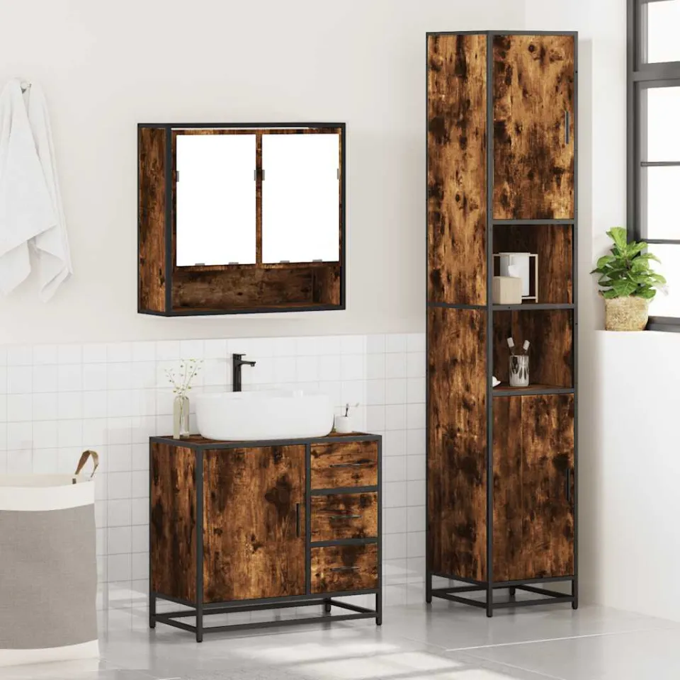 vidaXL 3-delige Badkamermeubelset bewerkt hout gerookt eikenkleurig, foto 4