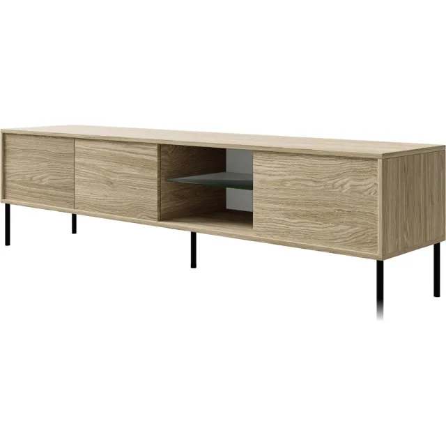 Selsey Modity - Tv-meubel met 3 deuren, glazen plank en verlichting, 175 cm, Eikenhoutlook Eik / Zwart