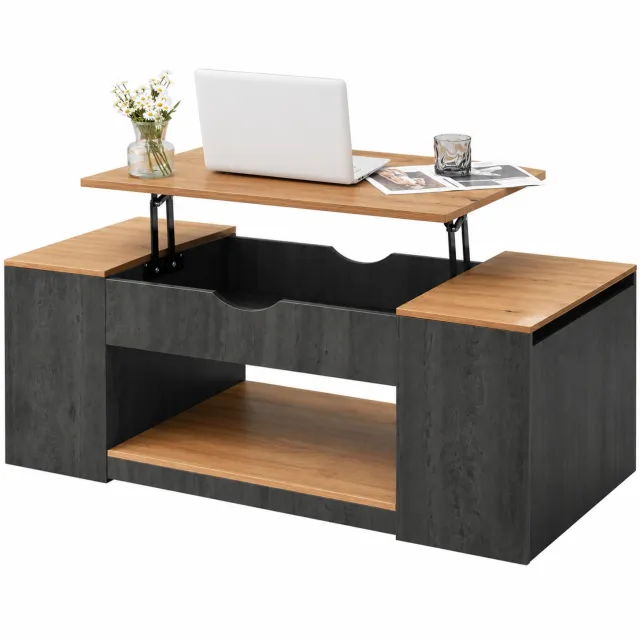 Lemlit Salontafel met Liftfunctie, Verstelbaar Tafelblad, 3 Opbergvakken en Open Opbergruimte, MDF, Grijs/Bruin, 109,5 x 59,7 x 43 cm Grijs + Bruin