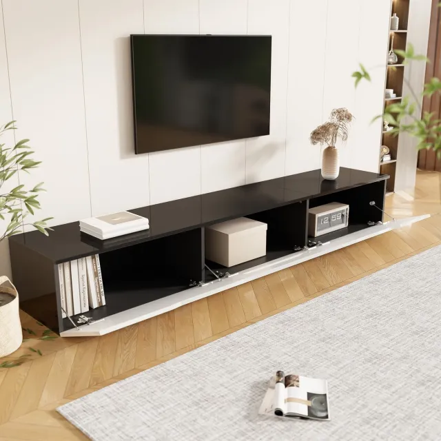 MIVRAY Televisiemeubel - Hoogglans Met Ledverlichting En Drie Deuren - Staand Of Wandmontage Voor Woonkamer - Zwart Wit - 180x35x30 Cm