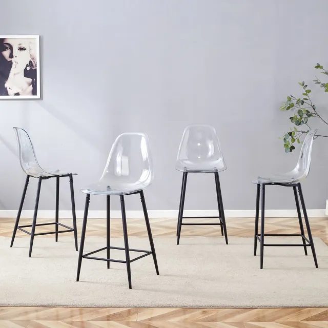 MODENUIT Barkruk 51 x 45 x 102 cm - Transparante Kunststof Zitting - Keukenbar - Zwart Metalen Onderstel