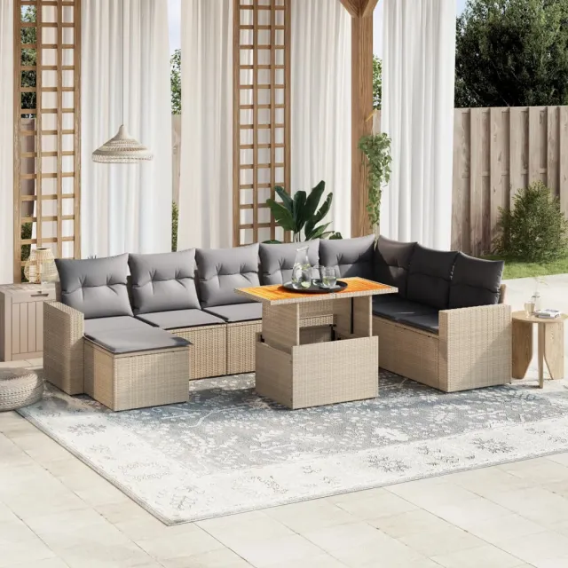 vidaXL 9-delige Loungeset met kussens poly rattan beige, foto 2
