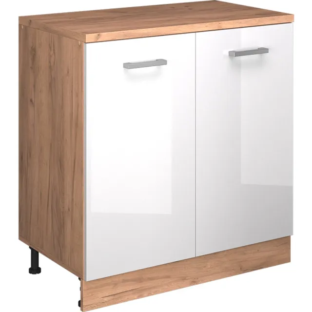 Vicco Keukenkast voor schuine wand R-Line, Wit Hoogglans, 80 cm zonder schuine kant met 2 deuren Wit Hoogglans/Goudkleurig Eiken